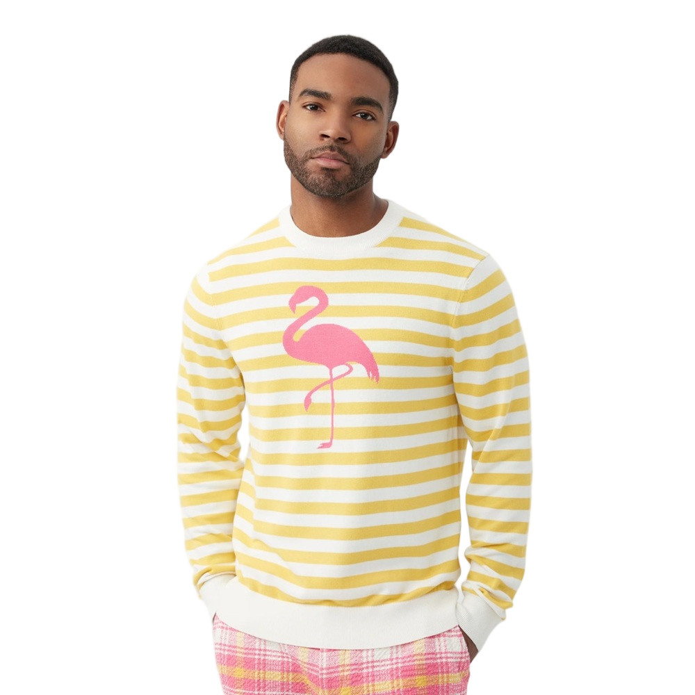 πΎMR TURK James crewneck Yellow and White Striped Flamingo Sweater size L NWT.. - Picture 2 of 7